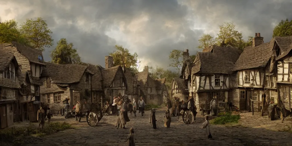 Image similar to beautiful matte painting of old england village by weta workshop 8 k, cinematic dramatic atmosphere, dramatic lighting