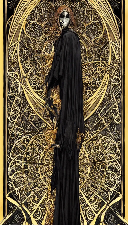 Image similar to a skeleton in a black cloak, highly detailed, very intricate, art nouveau, gold filigree, left right symmetry, tarot concept art watercolor illustration by mandy jurgens and alphonse mucha and alena aenami, featured on artstation