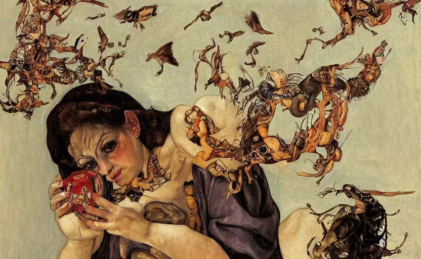 Prompt: a painting of pandora opening her jar, releasing monsters and critters that impersonate sickness and death, misery, she is fully dressed, in the style of realism and a masterpiece by artemisia gentileschi and egon schiele, the face is painted by artemisia gentileschi and james jean, critters flying around, the jar is clearly visible