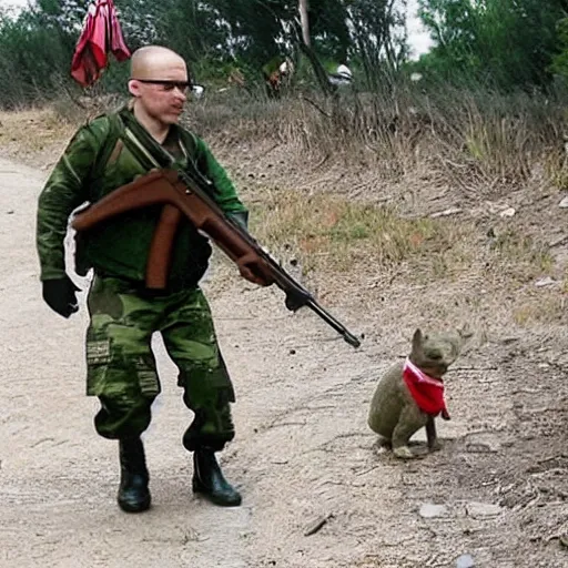 Prompt: “ stuart little leading the ukrainian militia ”