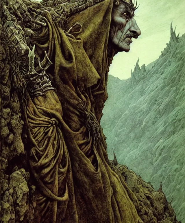 Prompt: A detailed horned crocodileman stands among the hills. Wearing a ripped mantle, robe. Perfect faces, extremely high details, realistic, fantasy art, solo, masterpiece, art by Zdzisław Beksiński, Arthur Rackham, Dariusz Zawadzki