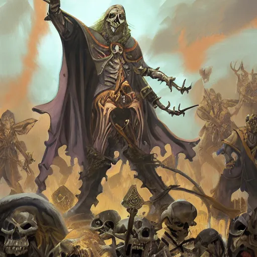 Image similar to Painting of a wizard summoning an army of skeleton warriors, trending on artstation