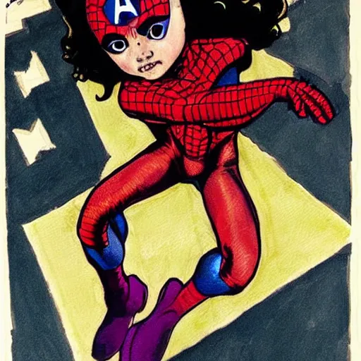 Prompt: a little girl with a mischievous face and light brown curly wavy hair. she is dressed as captain america, spider - man, batman, captain marvel, a superhero. well composed, clean elegant painting, beautiful detailed face. by steve ditko