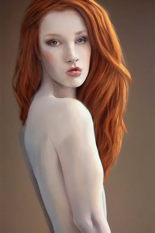 Image similar to ultra realist soft painting of a single beautiful female in a full long curvy slim dress, thin long auburn hair, symmetry accurate features, very intricate details, volumetric lighting, 1970 artstyle