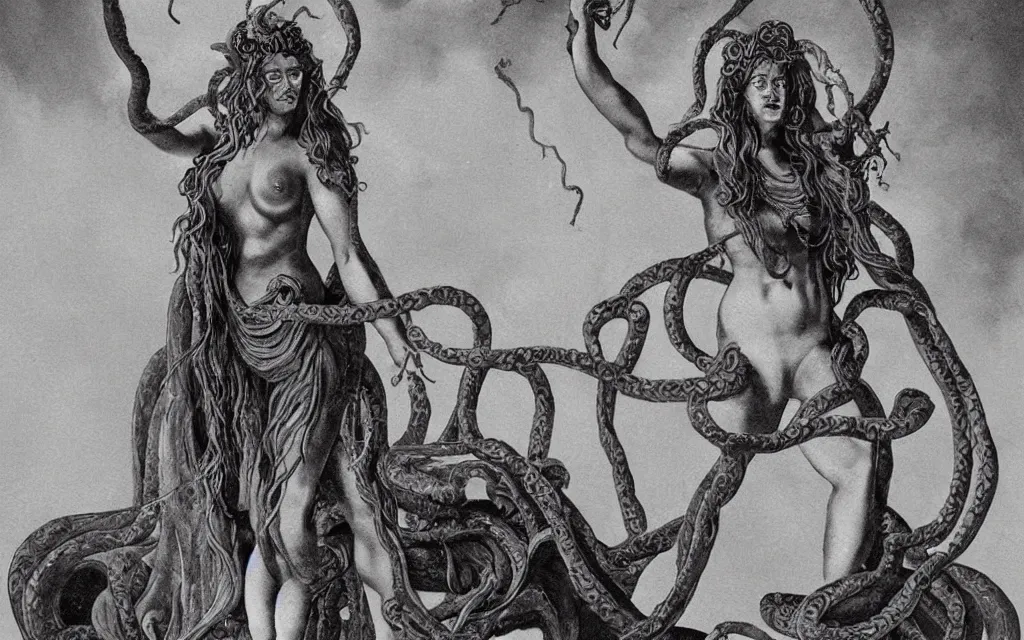 Image similar to Medusa standing on an obsidian throne.