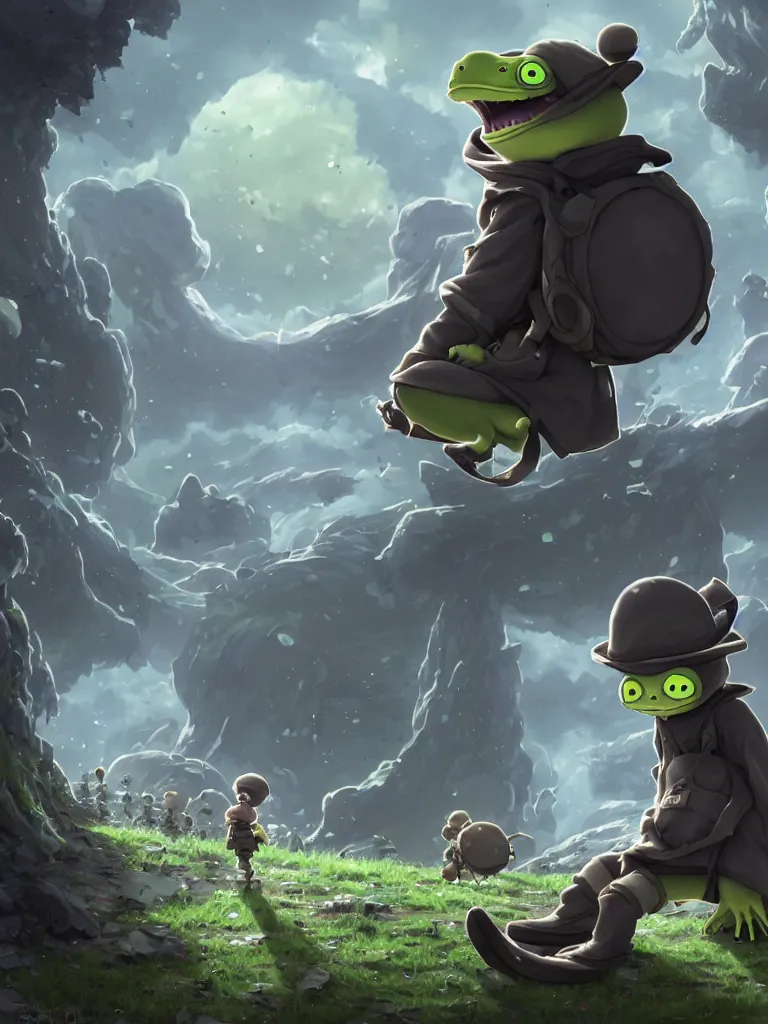 Prompt: resolution 4k worlds of loss and depression made in abyss design Akihito Tsukushi design body pepe the frogs fighting in the civil war group of them attacking a monster war , battlefield darkness military drummer boy pepe , desolated city ivory dream like storybooks, fractals , pepe the frogs at war, art in the style of and Oleg Vdovenko and Gustave dore and Akihito Tsukushi