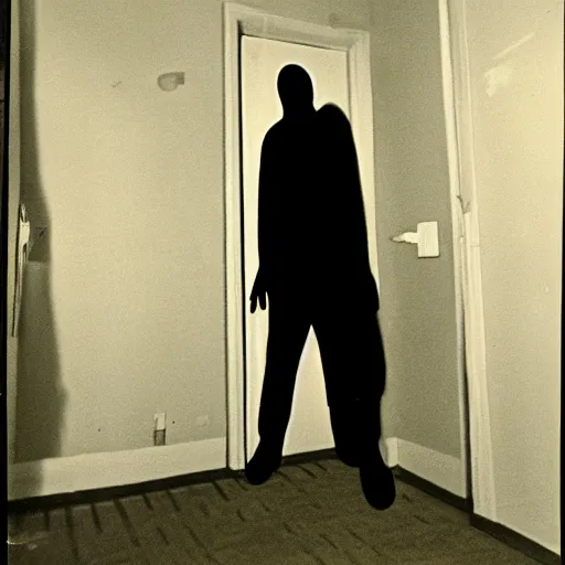 Prompt: a shadow figure standing over the body of a man in a motel room shot on a disposable camera 1 9 7 8 for'real ghost stories magazine ;