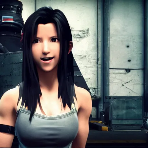 Prompt: Tifa Lockhart from the new Final Fantasy VII Remake (2020) laughing with the Italian flag in the background