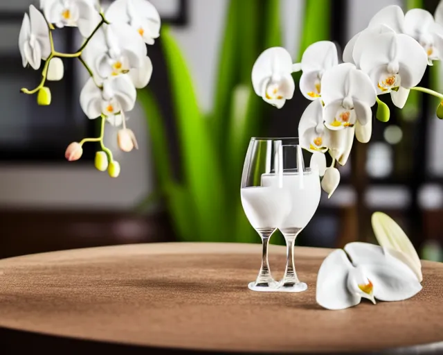 Prompt: 5 5 mm photo of wine - glass on a zen minimalist table with blurred white orchids and houseplants in the background. highly detailed 8 k. intricate. lifelike. soft light. nikon d 8 5 0.