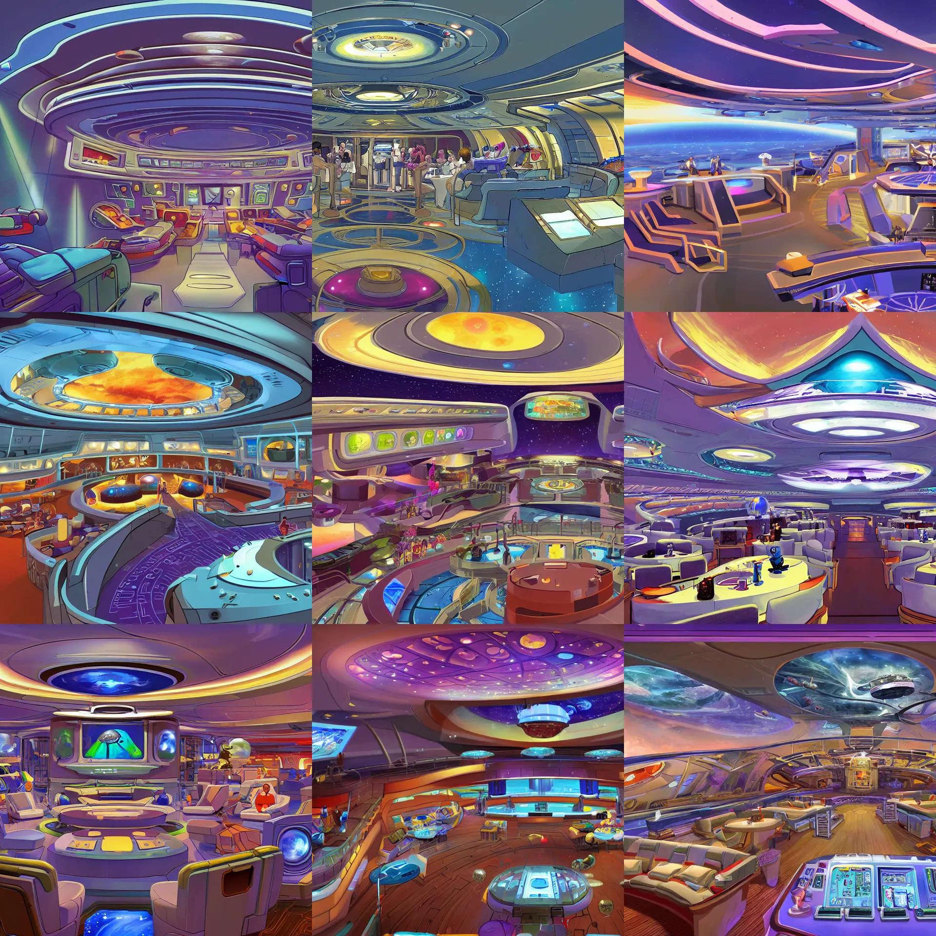 Prompt: the main entertainment area onboard a large passenger cruise spaceship, from a space themed lucasarts point and click 2 d graphic adventure game, art inspired by thomas kinkade