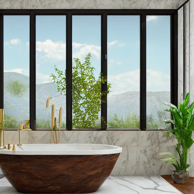 Prompt: marble bathroom interior, bathtub with golden faucet, wood cabinets, marble floor, large window in back with white mountain nh fall river view, large potted plant, realistic, unreal engine render, octane render, hyper realistic, photo, 8 k