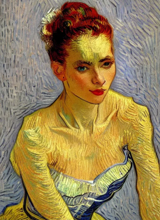 Image similar to !! portrait of a beautiful parisian dancer!!, detailed face, symmetrical painting, beautiful expressionist oil painting masterpiece, 8 k resolution, by van gogh, smooth, sharp focus, pastel color palette, trending on artstation