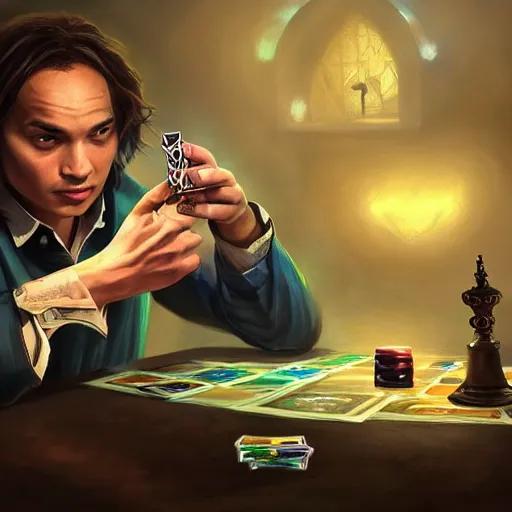 Prompt: frank dillane playing magic the gathering in a pub, realistic, detailed, intricate, digital painting, trending on artstation