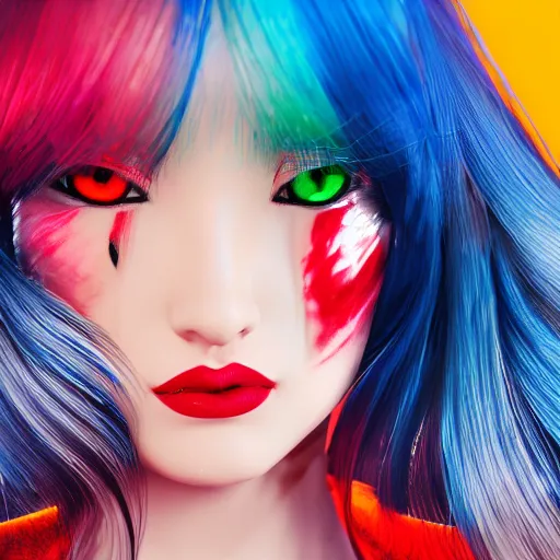 Image similar to Japanese model with maximalist hair style and makeup, bright colors, fashion model, unreal engine octane, red and white, portrait, gliter, depth of field, 8k, hyper detailed, intricate, trending on artstation