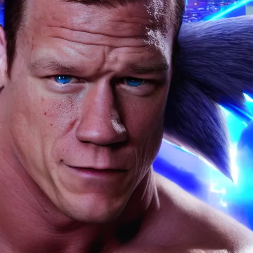 Image similar to John Cena as Sonic the Hedgehog, directed by James Gunn, film still, detailed, 4k