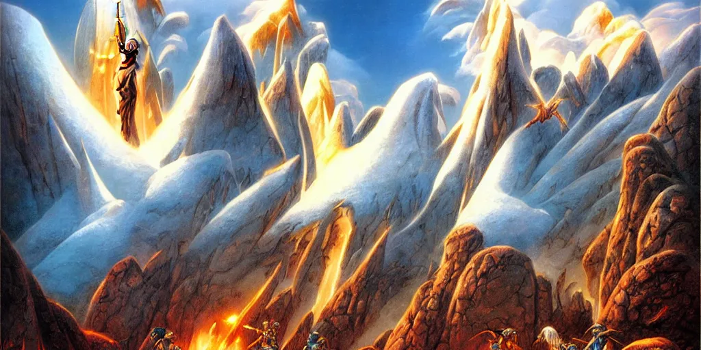 Prompt: ultra realistic illustration, epic high fantasy landscape. dragonlance graphic art print by boris vallejo