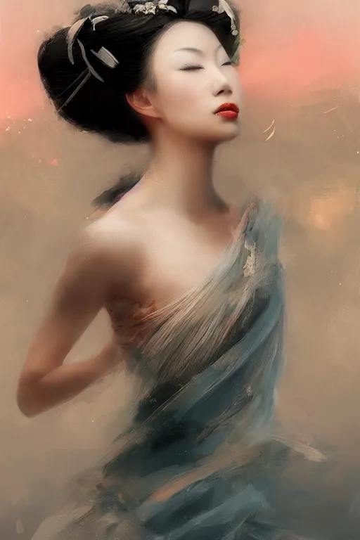 Image similar to geisha prima ballerina, gorgeous, ethereal, intricate, elegant, volumetric lighting, nature scenery, digital painting, highly detailed, artstation, sharp focus, illustration, concept art, ruan jia, steve mccurry