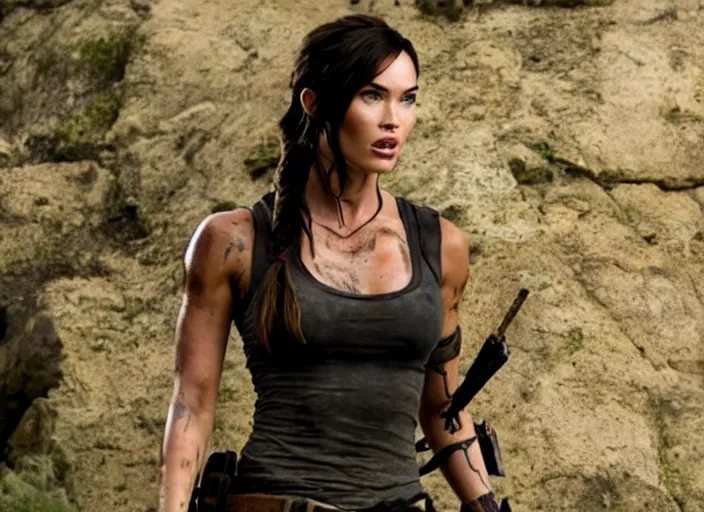 Image similar to film still of!!!! megan fox!!! as lara croft in new tomb raider movie, 8 k