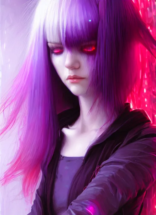 Image similar to hair whitebangs hair, black cyberlox, portrait of normal teenage girl with white bangs, messy bangs, cyberlox, whitebangs, red irises, purple clothes, intricate, elegant, glowing lights, highly detailed, digital painting, artstation, concept art, sharp focus, smooth, illustration, art by wlop, mars ravelo and greg rutkowski