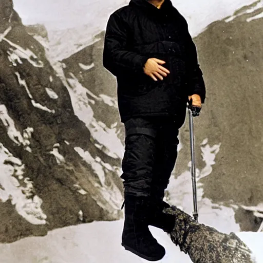 Image similar to john paul ii standing in a black puffed nuptse, black cargo pants and high black boots, summer weather