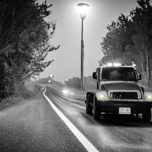 Prompt: a dashcam footage of a huge long legged octopodal cryptid crossing a country road at night, headlights illuminate the scene, very high contrast lighting