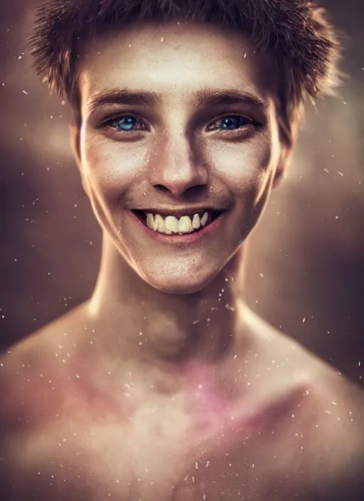 Image similar to cinematic shot epic portraits, hyper realistic, mood lighting, fantasy, detailed smile, highly detailed, super realistic, perfect lighting pixel sorting, style sheet