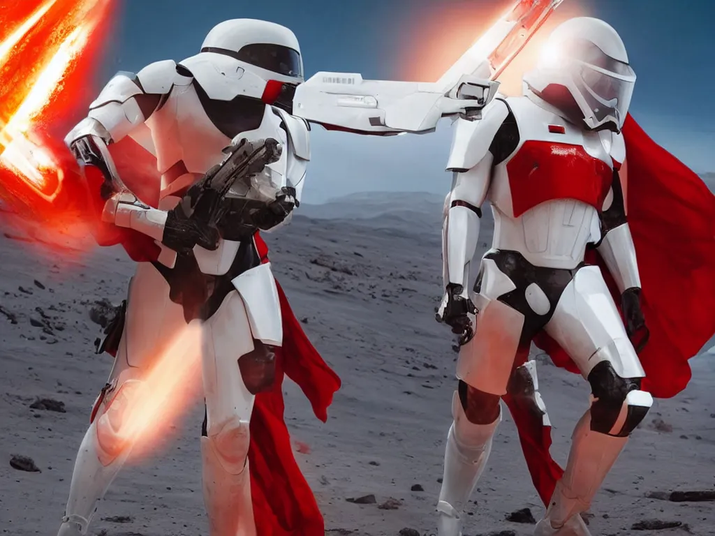 Image similar to gigachad space trooper in glossy sleek white armor with small red details, no helmet! , long red cape, heroic posture, firing laser rifle, on the surface of mars, dramatic lighting, sunset, cinematic, sci-fi, hyperrealistic, movie still