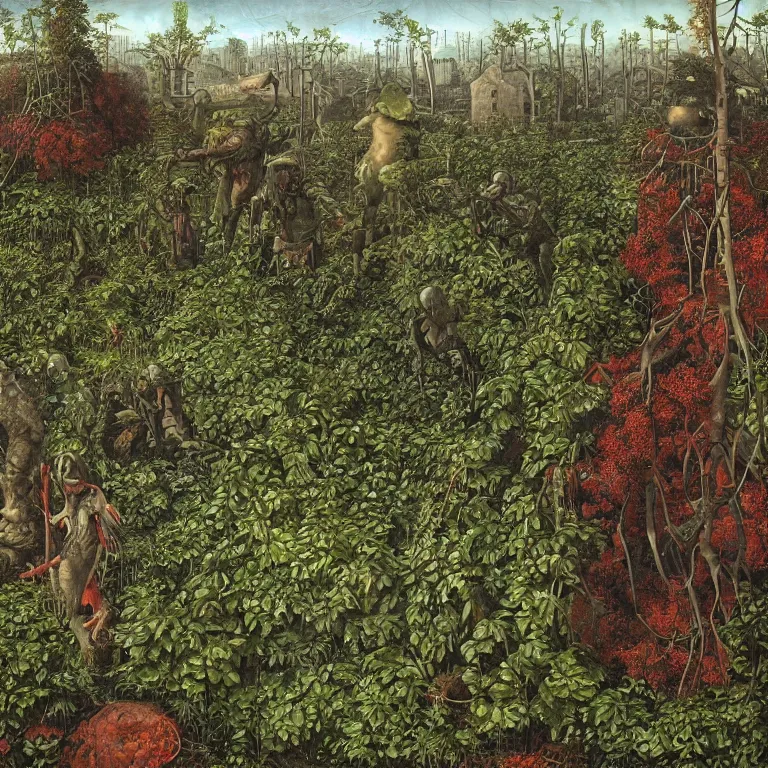 Image similar to Apocalypse with vegetation, leaves, creepers, ivy, ferns taking over the industrial, toxic, machinery, cities. Painting by Lucas Cranach, Wayne Barlowe