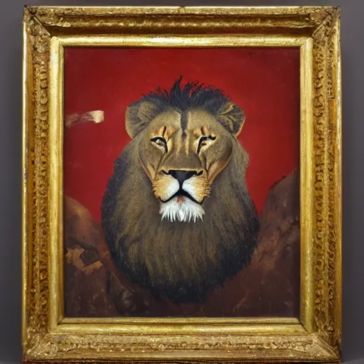 Prompt: lion with red spots above eyes, portrait, 1 9 th century painting