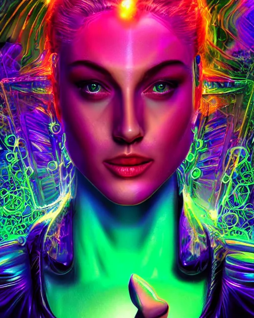 Image similar to a powerful energy psychedelic matrix queen, by alexander fedosav, hyper detailed digital matte painting, concept art, hyperrealism, 1 6 k resolution, cinema 4 d, 8 k resolution, trending on artstation, behance hd, a masterpiece, by stephan martiniere, particles, cel - shaded, power bright neon energy, by david a. hardy,