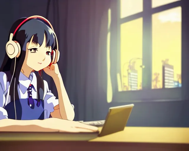 Image similar to anime fine details portrait of joyful school girl in headphones studying near monitor in her room at the table, evening, lamp, lo-fi, open window, dark city landscape on the background deep bokeh, profile close-up view, anime masterpiece by Studio Ghibli. 8k, sharp high quality anime