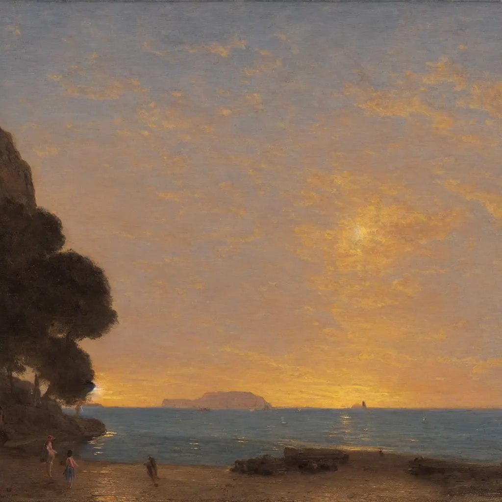 Image similar to a girl on the beach, beautiful sunset, at Ville Franche sur Mer by Claude Lorraine