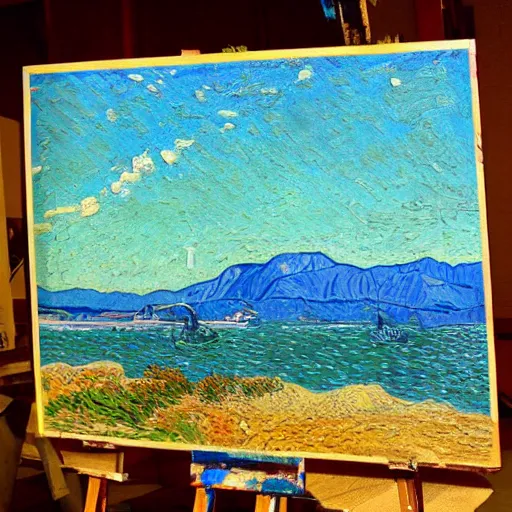 Image similar to painting of monterey bay, california, in the style of van gogh