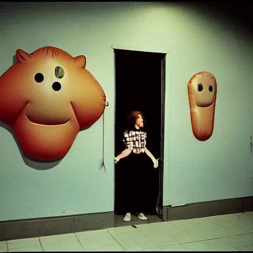 Image similar to 1978 teenage girl holds hands with sad inflatable face boyfriend at high school, color Tarkovsky film, in school hallway, dirty walls, archival footage, technicolor film, 16mm, live action, John Waters, campy movie scene