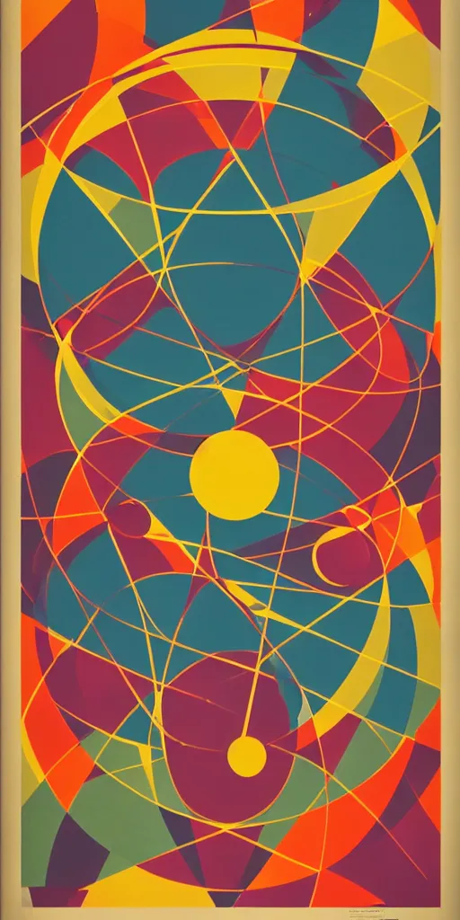 Prompt: retro 7 0 s poster graphics of geometric representation of gravity effects on space and time, geometric design, movement, perfect geometry, spheres, retro poster, symmetrical, serious, 7 0 s pop colors, poster