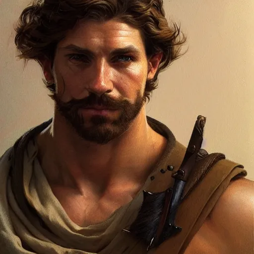 Image similar to portrait of a young rugged ranger, muscular, upper body, hairy torso, D&D, fantasy, intricate, cinematic lighting, highly detailed, digital painting, artstation, concept art, smooth, sharp focus, illustration, art by Artgerm and Greg Rutkowski and Alphonse Mucha