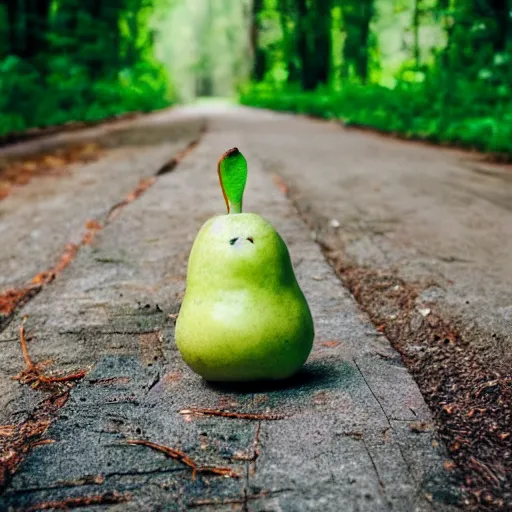 Image similar to a cute green pear animal walking in front of a forest, and looking at the camera ; pear skin ; nature photography