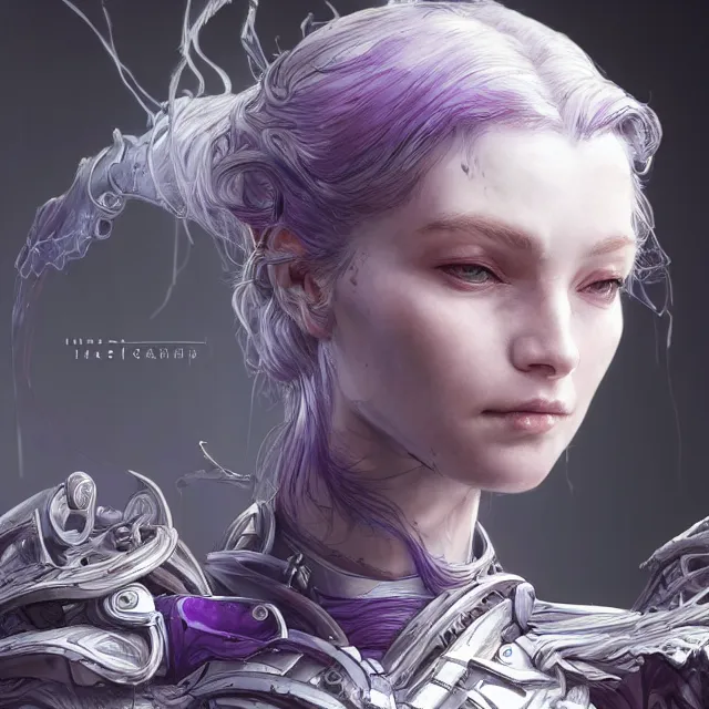 Image similar to close facial portrait of a pale woman in sci - fi armor with a flowing purple, elegant, stoic, intense, ultrafine hyperdetailed illustration by kim jung gi, irakli nadar, intricate linework, sharp focus, octopath traveler, final fantasy, hearthstone, highly rendered, global illumination, radiant light, detailed, intricate environment