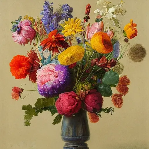 Image similar to A still life painting of a vase of flowers, with a bright and colorful palette, by Dutch artist Jan van Huysum