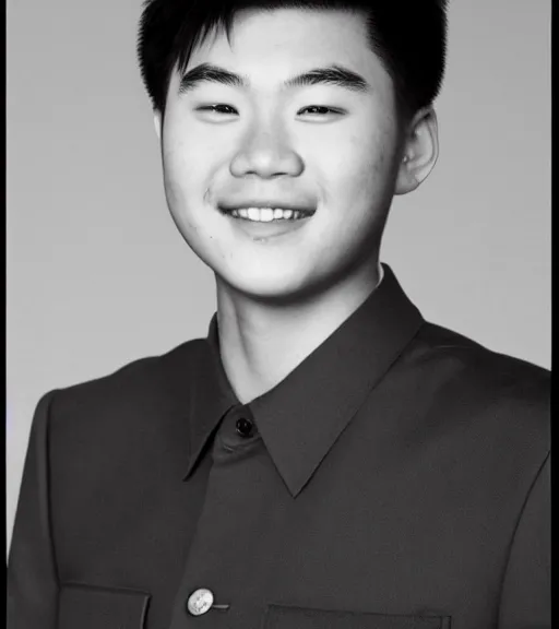 Image similar to a professional portrait of frank zhang, a 1 7 year old chinese - canadian boy with brown eyes, military cut flat top black hair, a warm smile, a chubby, round face, a chubby body, 6'3 height, archer