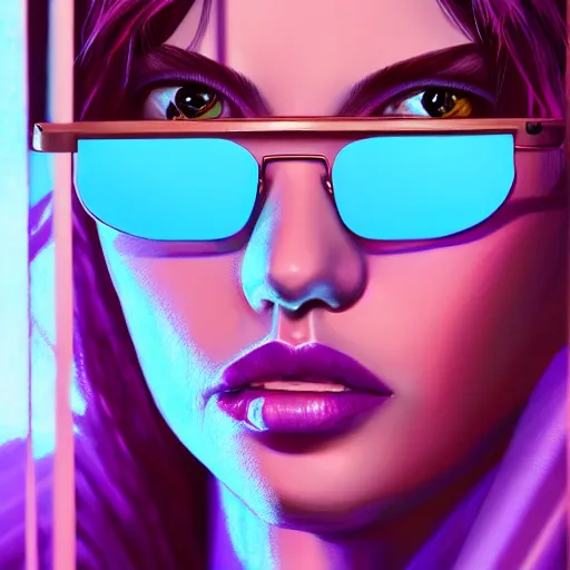 Image similar to closeup painting of a very beautiful young mexican cyberpunk woman with a smirk, wearing light blue venetian blind shades and a purple coloured leather jacket, one side haircut, long brown hair with light blue ends, portrait, hyperdetailed, artstation, cgsociety, 8 k, synthwave image