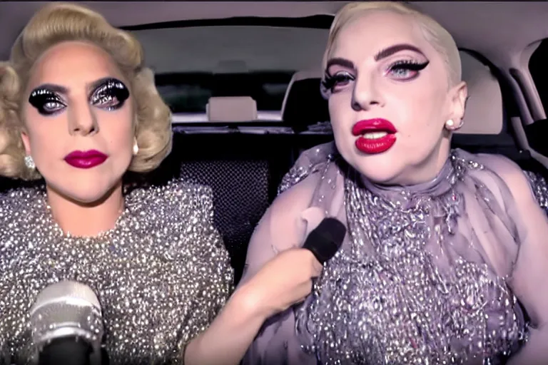 Image similar to lady gaga and judy garland doing carpool karaoke, lady gaga and judy garland, carpool karaoke, lady gaga, judy garland, carpool karaoke, youtube video screenshot, the late late show with james corden, higly realistic, high resolution, dashcam