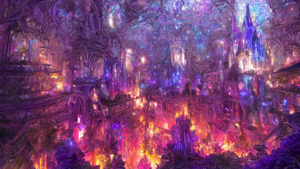 Image similar to a detailed magical crystal castle made of light inspired by yoshitaka amano enveloped in trails of colorful lights around it. clean painting, realistic and auora lighting. dark blue and intense purple color palette, art by kuvshinov ilya and gilbert williams, 8 k