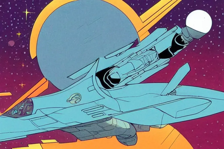 Prompt: a scifi illustration of a fururistic fighter jet. flat colors, limited palette in FANTASTIC PLANET La planète sauvage animation by René Laloux