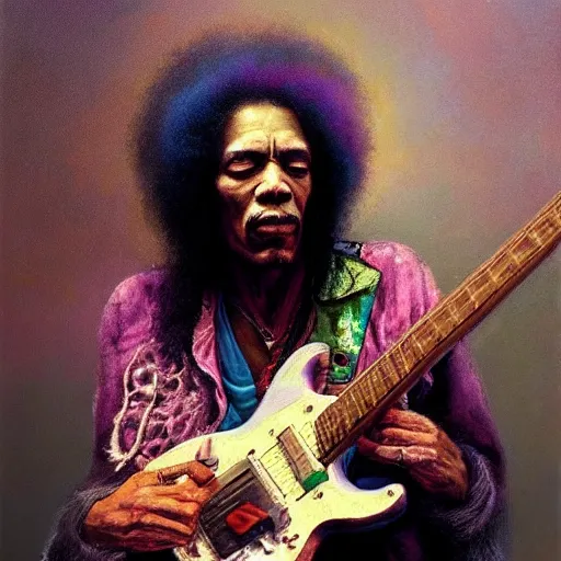 Image similar to UHD tonalism painting of an elderly, old Jimmy Hendrix, by Antonio Caparo and Ferdinand Knab and Greg Rutkowski, UHD, photorealistic, trending on artstation, trending on deviantart