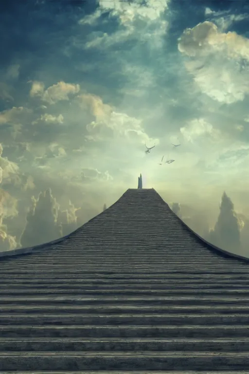 Image similar to infinite stairs rising to the heaven in the middle of the sky, concept art, octane render, unreal engine 5, digital painting, hyperrealistic, highly detailed, high quality, 8 k hdr, digital art, clouds in the sky, breathtaking view, path traced, god, godrays, beautiful, elegant, harmonious, complementary colors, natural lighting