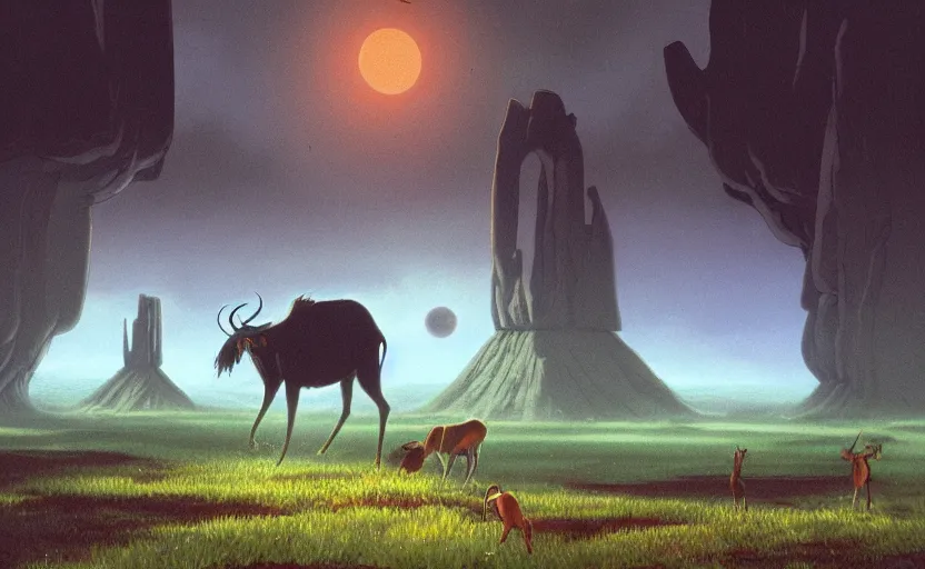 Prompt: a realistic cell - shaded studio ghibli concept art from paprika ( 2 0 0 6 ) of a pack of wildebeest and a multi - colored cube from close encounters of the third kind ( 1 9 7 7 ) in a flooded monument valley stonehenge jungle with giant trees on a misty starry night. very dull colors, portal, hd, 4 k, hq