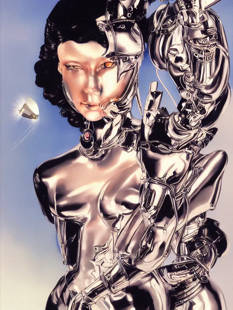 Prompt: a Royal portrait of chrome android woman as illustrated by Hajime Sorayama. 1991