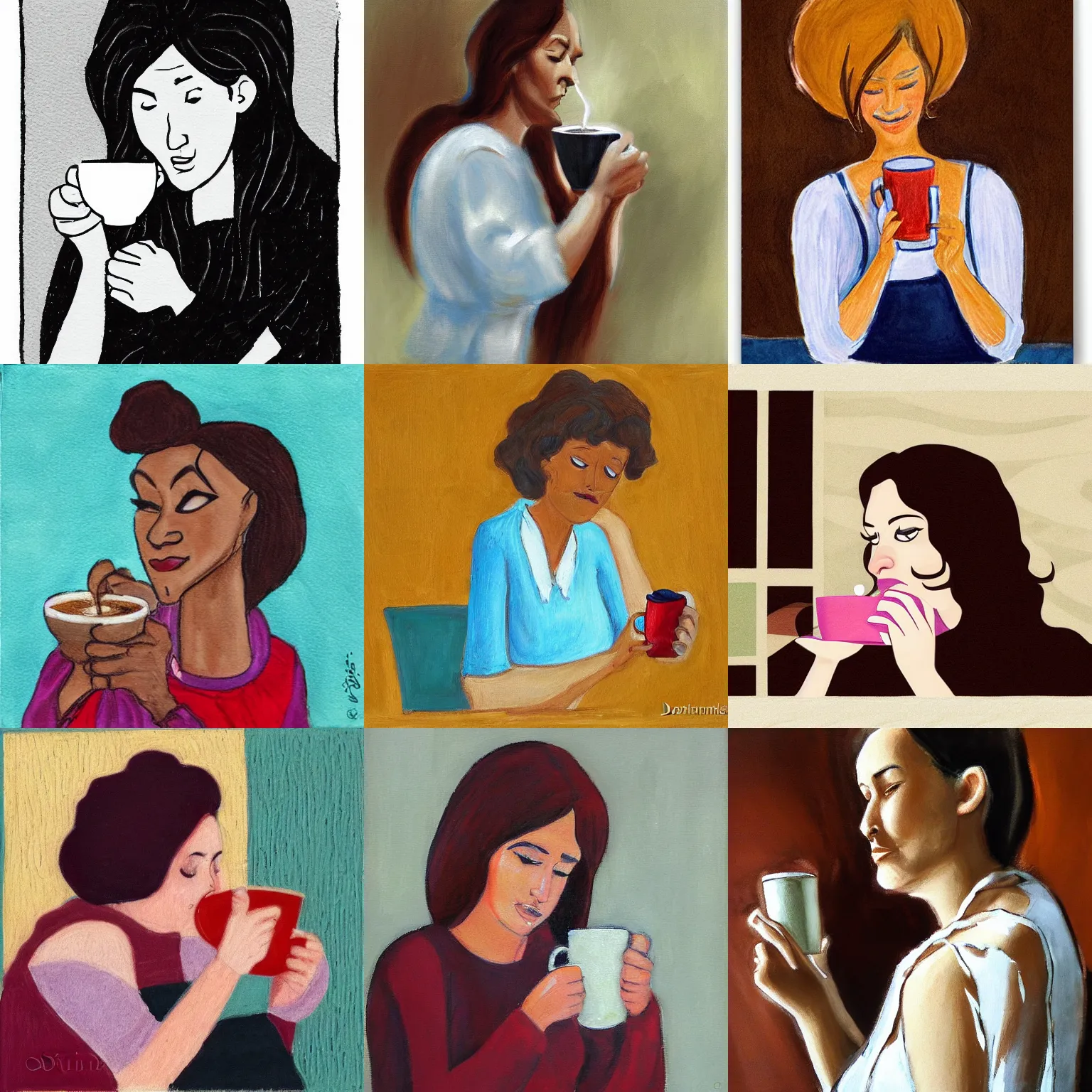 Prompt: woman drinking coffee, by Godstime Ojinmah