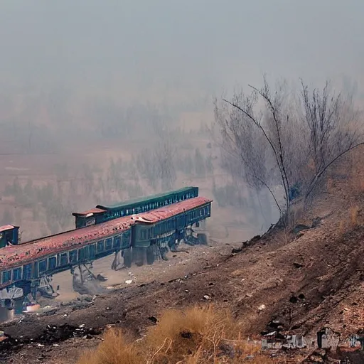 Prompt: industrial mine, pollution, haze, baotou china, steam train,